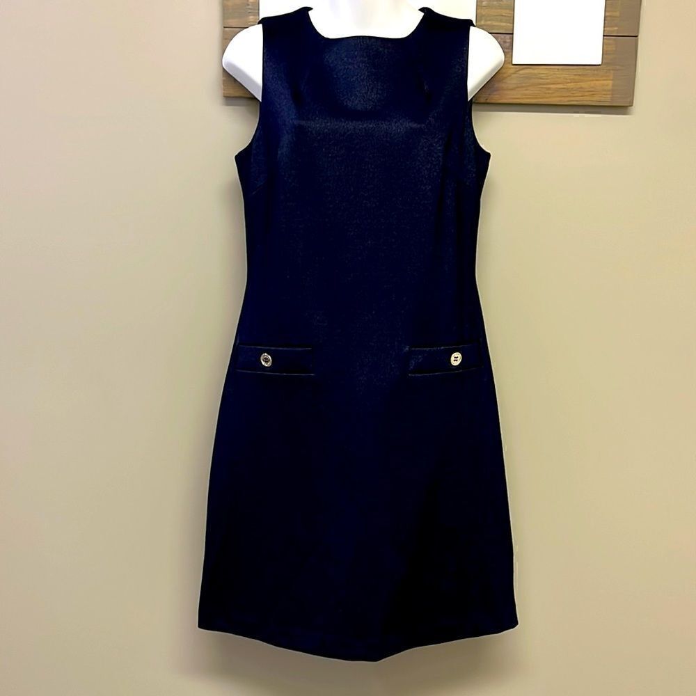 Tommy Hilfiger Navy Sleeveless Sheath Dress with Gold Hardware Back Zipper-Sz 10